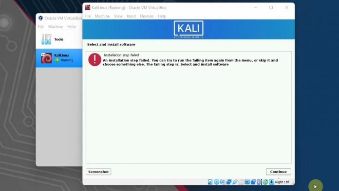An installation step failed Kali Linux